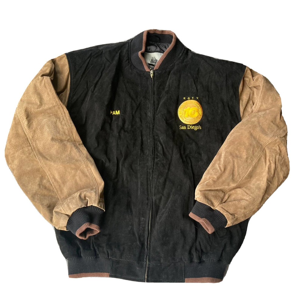 Burks Bay Brown Black Leather Bomber Jacket Adult Size Sz Large 10 News Pam Zip